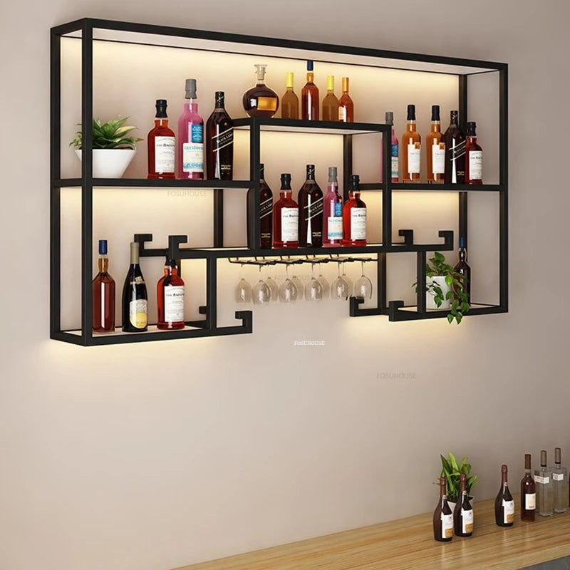 Nordic Iron Art Wine Cabinets Creative Bar Furniture Home with Lighted Wine Rack Decoration Restaurant Wall-mounted Storage Rack