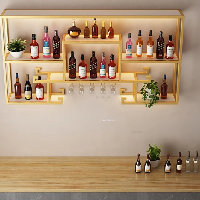 Nordic Iron Art Wine Cabinets Creative Bar Furniture Home with Lighted Wine Rack Decoration Restaurant Wall-mounted Storage Rack