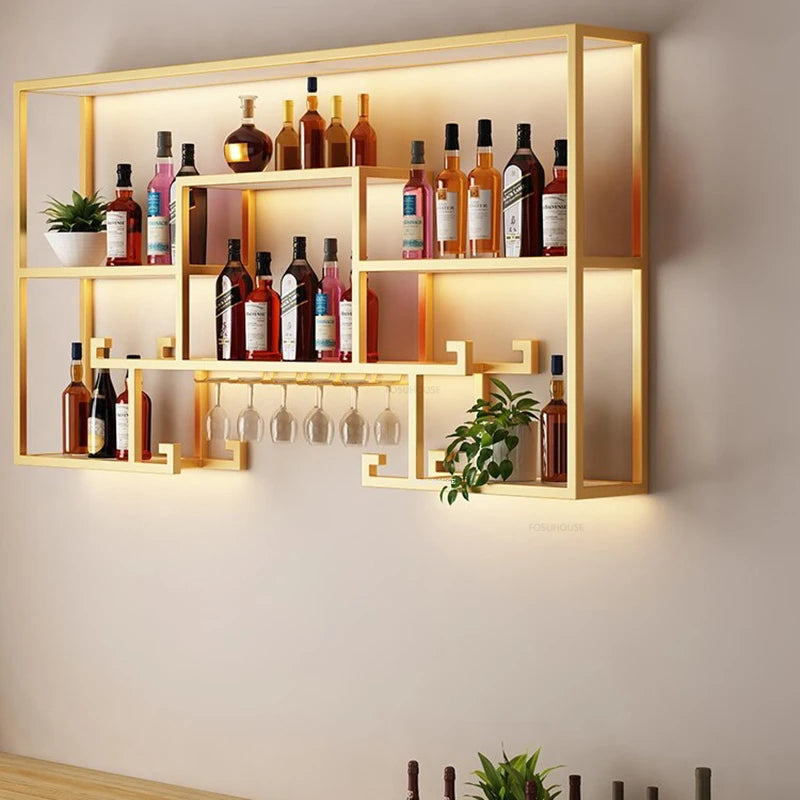 Nordic Iron Art Wine Cabinets Creative Bar Furniture Home with Lighted Wine Rack Decoration Restaurant Wall-mounted Storage Rack